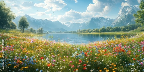 Fototapeta Naklejka Na Ścianę i Meble -  Breathtaking landscape featuring a serene lake surrounded by vibrant wildflowers and mountains under a sunny sky
