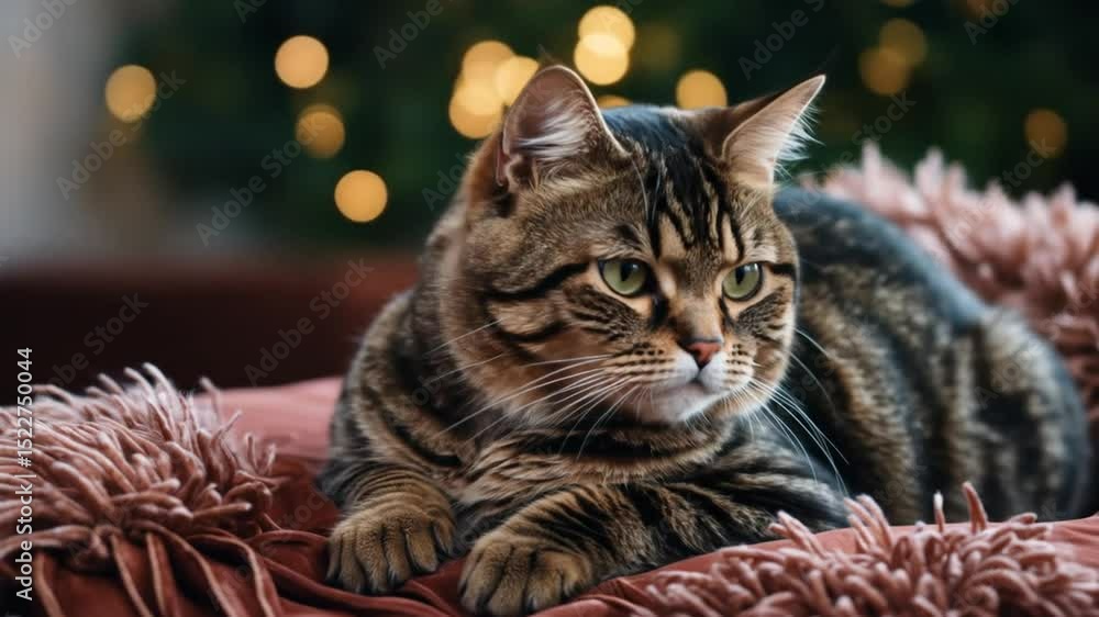 Resting Striped Cat Portrait on Soft Pillow Indoor Resting Striped Cat Portrait on Soft Pillow Indoor