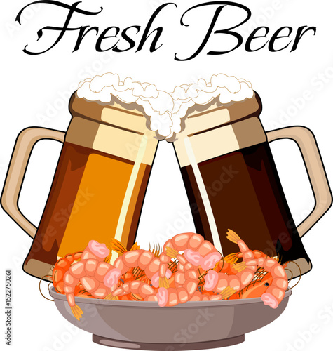 Shrimp and beer in mugs.Vector illustration with shrimps in a plate and beer in mugs on a transparent background with text.