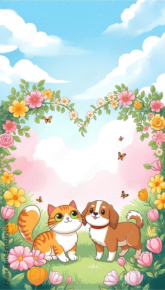 Fototapeta premium Cat and Dog Looking Up Through Heart-Shaped Flower Canopy in Garden