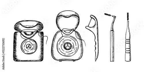 Dental floss - sketch vector line drawing set. Personal oral care, dentistry, and hygiene practices at home. Minimalist doodle outline isolated on a white backdrop