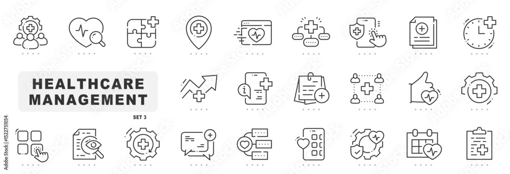 Set of health carte management related line icons. Diagnosis, monitoring, record etc. Editable stroke. Set 3 Set of health carte management related line icons. Diagnosis, monitoring, record etc. Editable stroke. Set 3