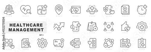 Set of health carte management related line icons. Diagnosis, monitoring, record etc. Editable stroke. Set 3