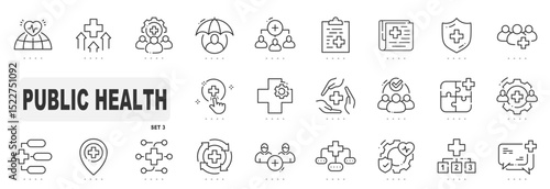 Set of public health related line icons. Healthy, society, protection, service etc. Editable stroke. Set 3