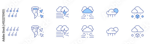 Weather forecast icon set in two styles, Duotone and Thin Line style. Editable stroke. hail, wind, climate, cloudy, windstorm