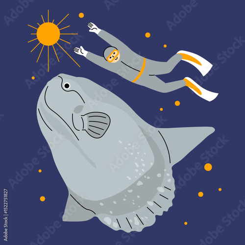 illustration of a man swimming with mola mola in space.