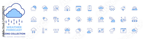 Weather forecast icons collection. Line Duotone style, editable stroke. rainy night, thermometer, hail, wind, weather, cloudy, rain, rainbow, cold, windstorm, climate, sun