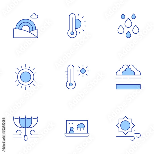 Weather forecast icons set. Line Duotone style, editable stroke. rainbow, thermometer, rain, sun, hot temperature, foggy, windy, forecaster, wind