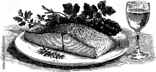 Engraved culinary art of baked salmon and chardonnay with grapes