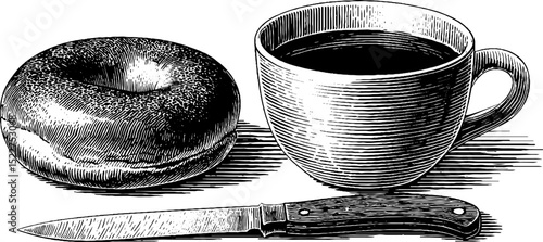 Vintage breakfast scene: engraved illustration of bagel and coffee cup for retro design