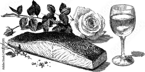 Gourmet illustration of baked salmon with chardonnay and rose - perfect for culinary art and print design