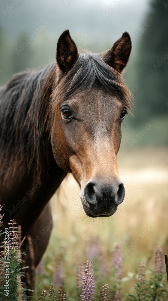 Fototapeta premium Horse standing among wildflowers in a scenic meadow during a hazy morning