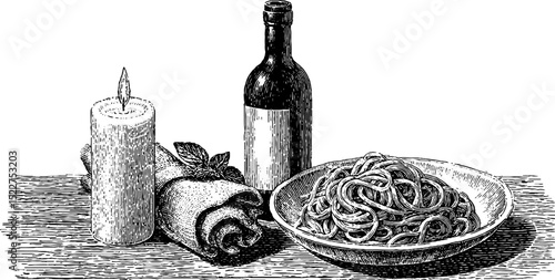 Romantic candlelit dinner scene with pasta and wine engraving illustration