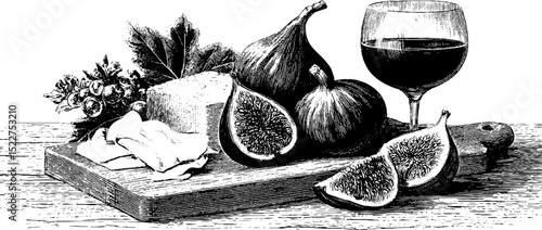 Engraved illustration of charcuterie board with cheese, figs, and wine for gourmet dining themes