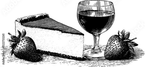 Engraved illustration of cheesecake and wine glass with strawberries for culinary design