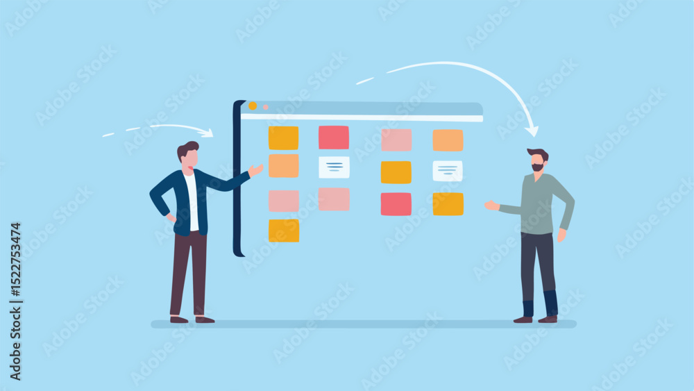 Two people discussing a digital board with colorful sticky notes and arrows on a light blue background Two people discussing a digital board with colorful sticky notes and arrows on a light blue background