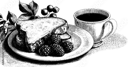 Engraved illustration of french toast with berries and coffee for culinary design
