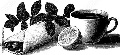 Engraved illustration of falafel wrap and mint tea with lemon for culinary art design