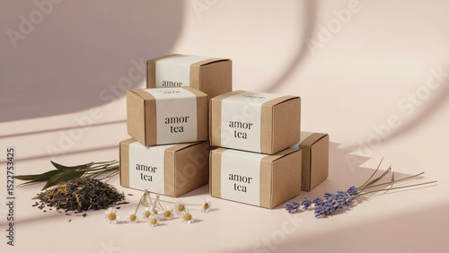 Eco-Friendly Tea Packaging Box – Minimalist Eco-Friendly Tea Packaging Design with Natural Herbs – Sustainable Eco-Friendly Tea Packaging Mockup for Organic Brands
