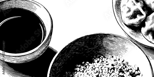 Engraved culinary art of fried rice and dumplings - vintage food illustration for design projects