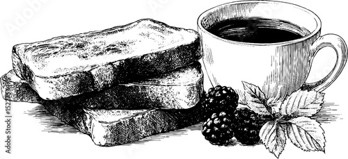 Engraved french toast with berries and coffee artwork for culinary design
