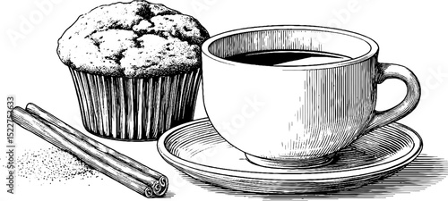 Vintage engraving of muffin with hot chocolate and cinnamon for classic culinary design