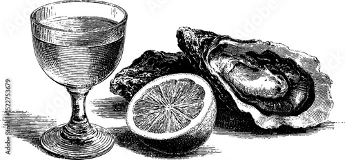 Elegant engraved illustration of oysters and white wine with lemon slice for culinary design