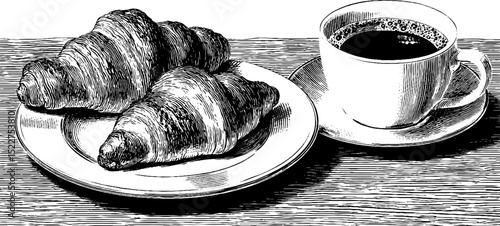 Romantic breakfast setting with croissants and coffee engraving for restaurant menu design