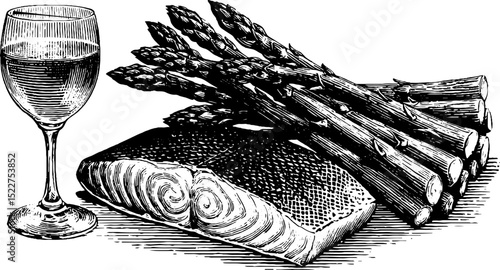 Engraved illustration of salmon steak and rosé wine with asparagus for culinary design