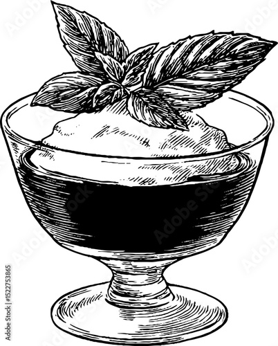 Vintage engraved illustration of dessert souffle and wine for culinary art or menu design