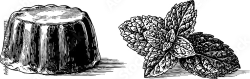 Engraved illustration of soufflé with dessert wine for culinary art and dining decor