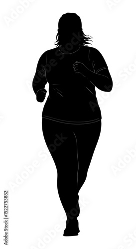 Silhouette of a curvy woman jogging confidently on a transparent background