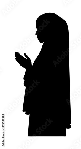 Silhouette of a woman praying with hands clasped on a transparent background
