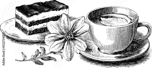 Engraved illustration of tiramisu and cappuccino with floral accent