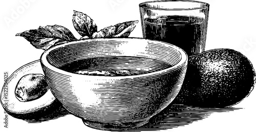 Engraved illustration of vegetarian bowl with avocado and kombu for organic food design
