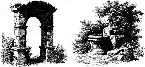 Intricate ancient arched gateway and stone ruins in engraved illustration
