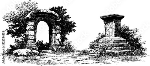 Engraved illustration of ancient arched gateway and stone monument in historical setting