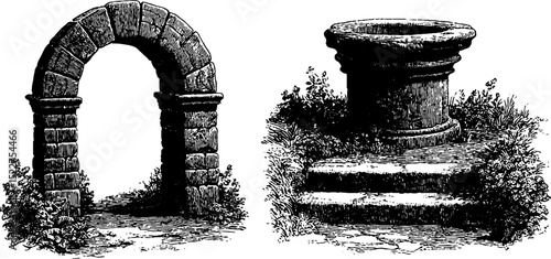 Engraved illustration of ancient arched gateway and stone structure