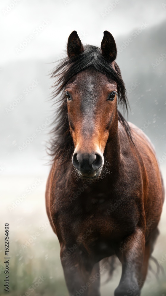 Majestic horse runs through misty landscape with wild mane flowing in the wind as dawn breaks over the horizon Majestic horse runs through misty landscape with wild mane flowing in the wind as dawn breaks over the horizon