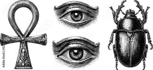Engraved set of ancient egyptian symbols of ankh, eye, and scarab beetle