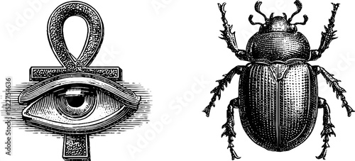 Ancient egyptian symbols: ankh with eye and scarab beetle engraving design