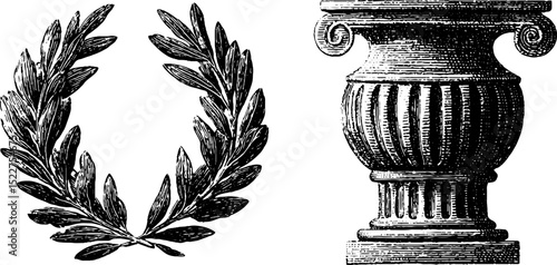 Vintage greek olive wreath and column engraving set for classical design inspiration