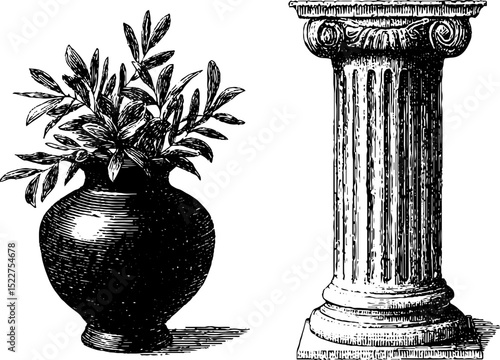 Ancient greek olive and ionic column - engraved illustration set for historical design