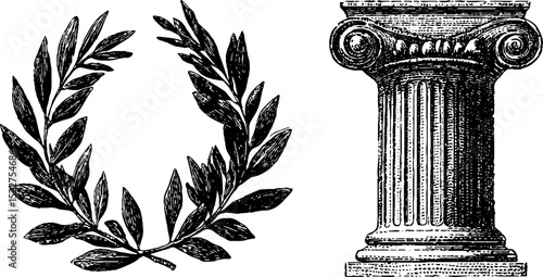 Ancient greek olive wreath and column design for historical art projects