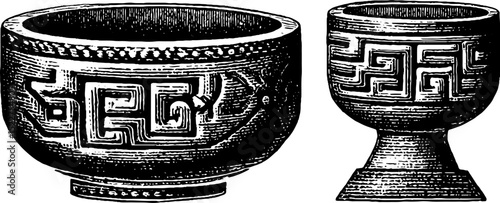 Set of engraved ancient maya ceremonial bowls with intricate geometric patterns for cultural research