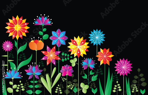 Vector illustration of summer meadow. Background decorated with vibrant colors blooming flowers. Spring, easter, summer theme with flat folk geometric style flowers isolated on black background.