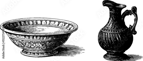Engraved illustration set of ancient persian drinkware for historical design