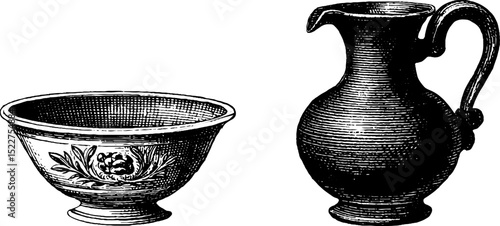 Engraved illustrations of ancient persian drinkware set for design and historical study
