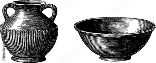 Ancient roman jug and bowl: engraved illustration set for historical design