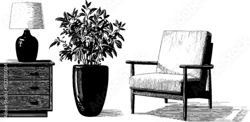 Vintage art deco home interior with sideboard, plant, and armchair engraving